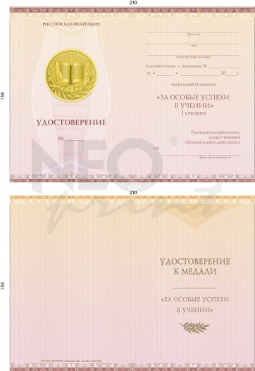 Удостоверение к медали «За особые успехи в учении» I степени установленного образца